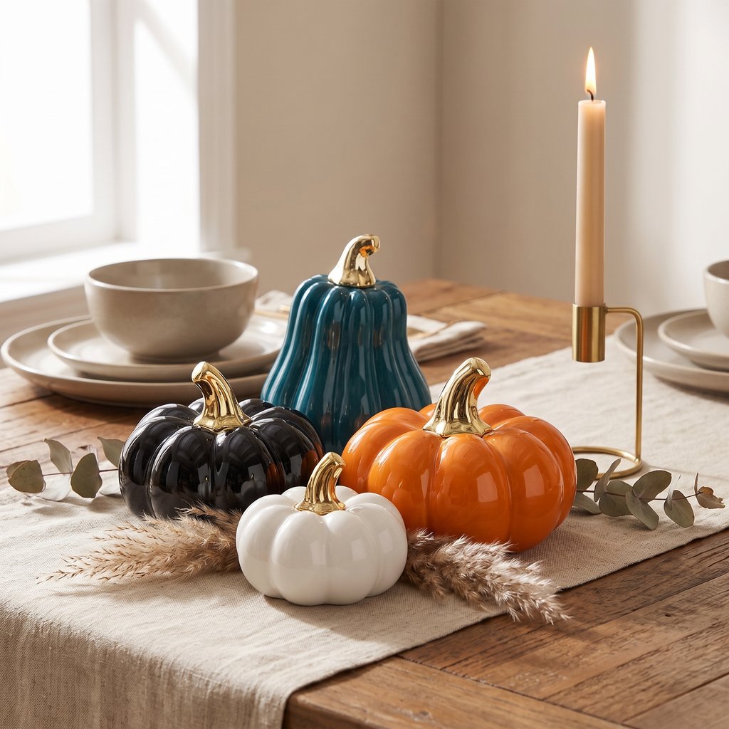 Blue gourd, black pumpkin, orange large pumpkin, and white small pumpkin arranged on a fall harvest table with candles and greenery