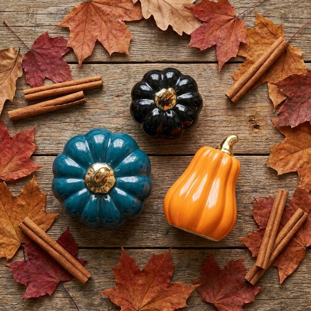 Black and blue small pumpkins with an orange gourd in a flat lay surrounded by dried leaves and cinnamon sticks