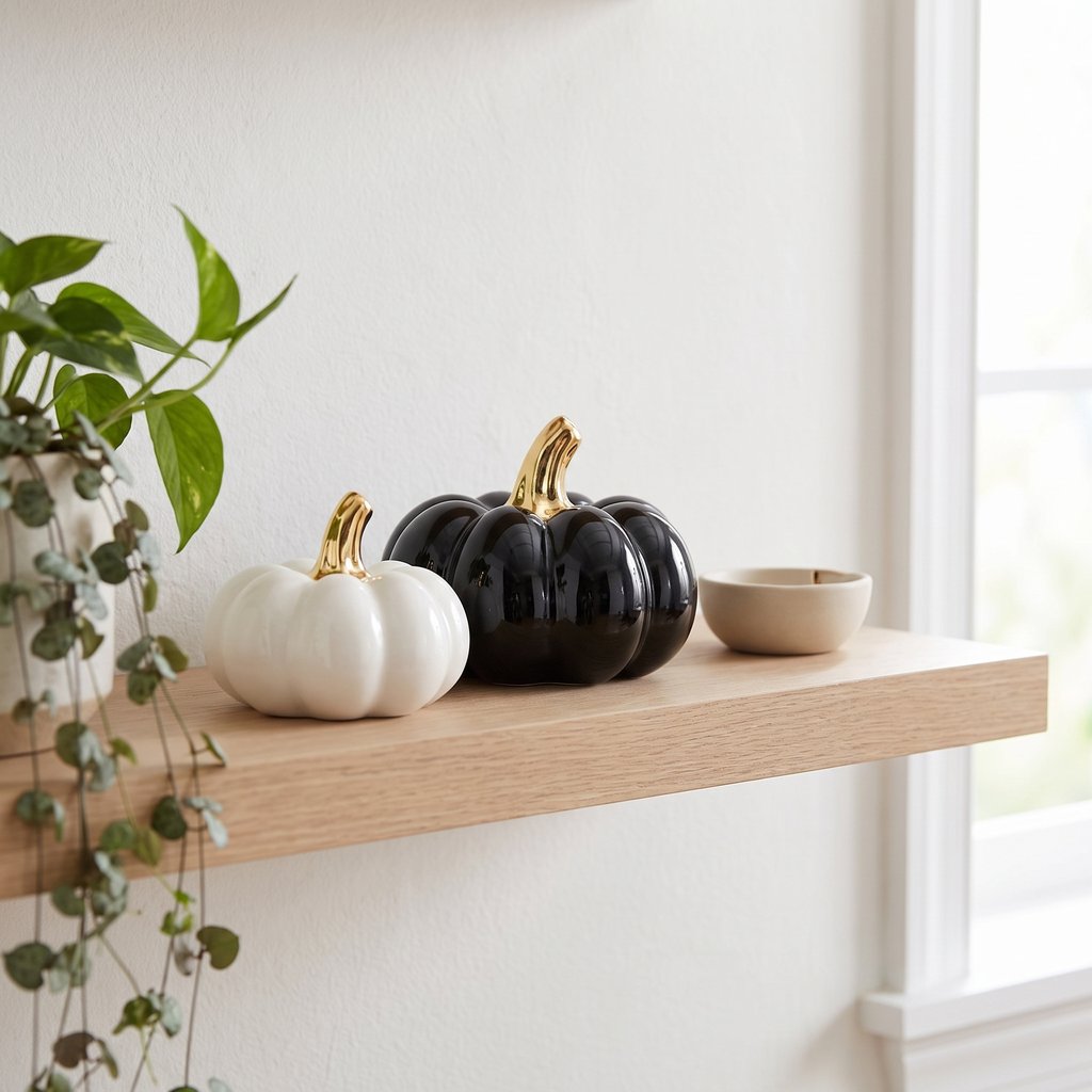 White small pumpkin and black large pumpkin on a floating shelf beside a trailing plant
