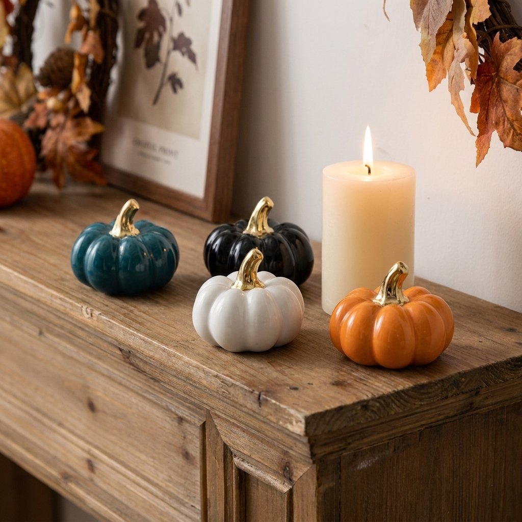 Blue, black, white, and orange small ceramic pumpkins on a mantel with a picture frame and lit candle