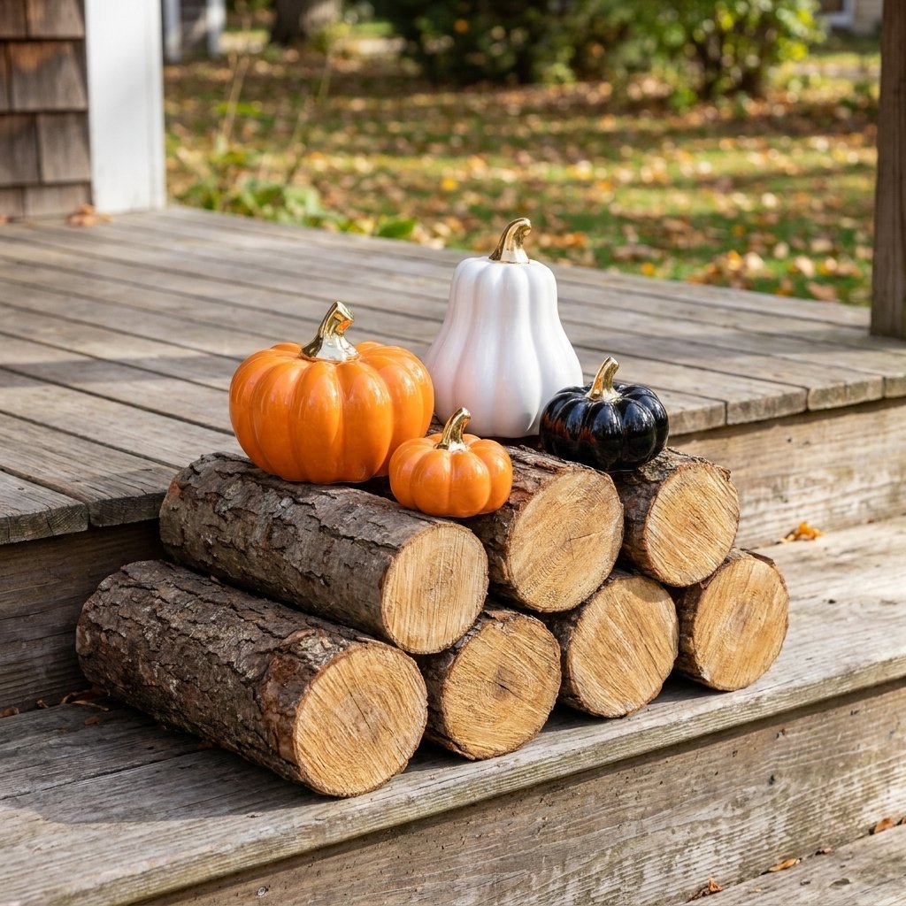 Large and small orange pumpkins with a white gourd and black small pumpkin on an outdoor porch beside stacked firewood, showing size comparison