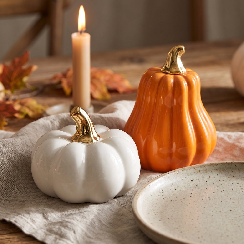 White pumpkin and orange gourd on a table with a lit candle and dried leaves