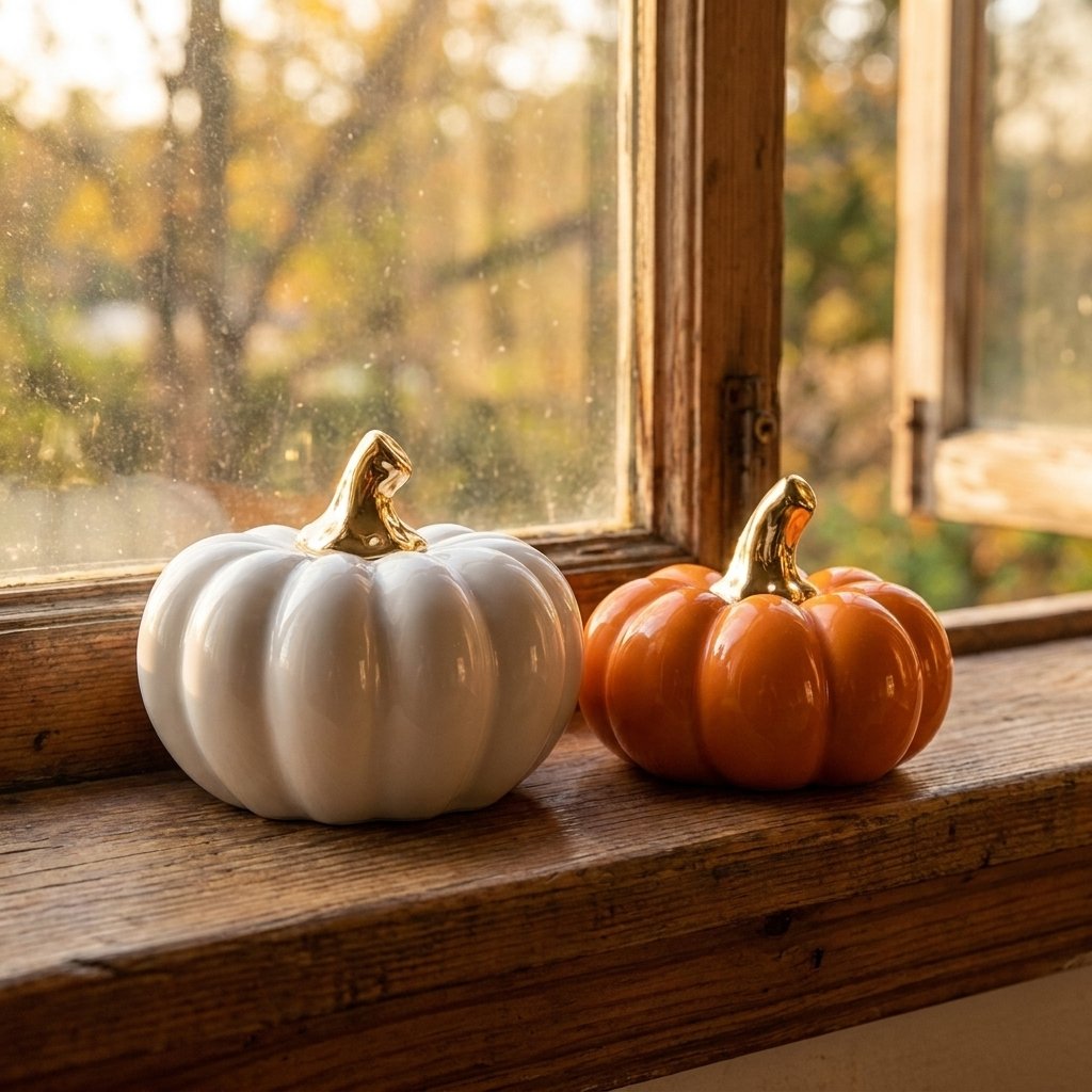 White large pumpkin and orange small pumpkin on a windowsill with an autumn view outside