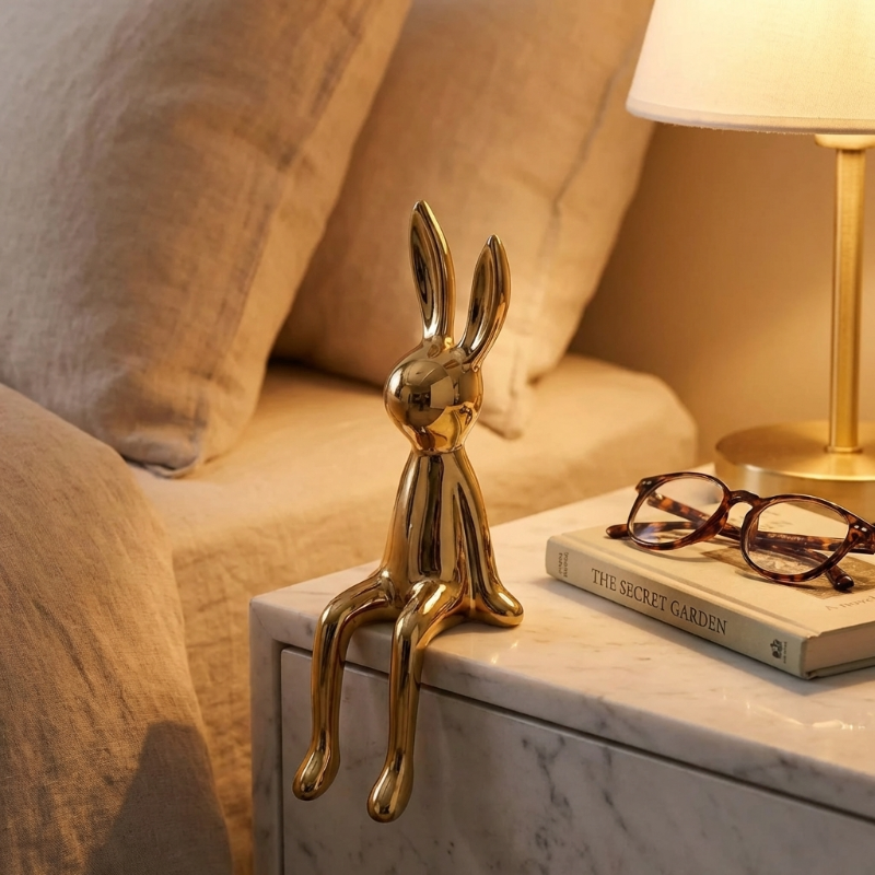 Gold rabbit figurine on a marble surface with a book and glasses in a cozy room.
