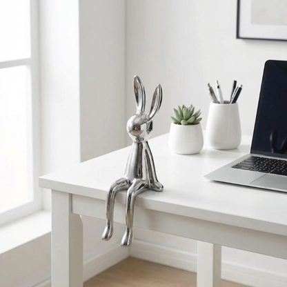 Silver rabbit sculpture on a white desk with a laptop and plants