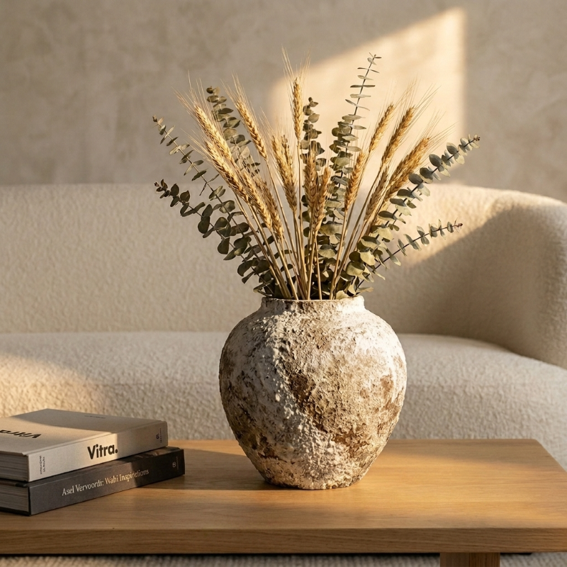 Ceramic rustic circular vase with dried stems on side table in neutral living room