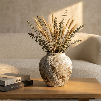 Ceramic rustic circular vase with dried stems on side table in neutral living room