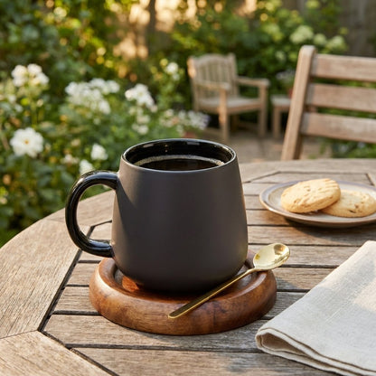 Charcoal Ceramic Mug Set with Spoon and Wood Coaster