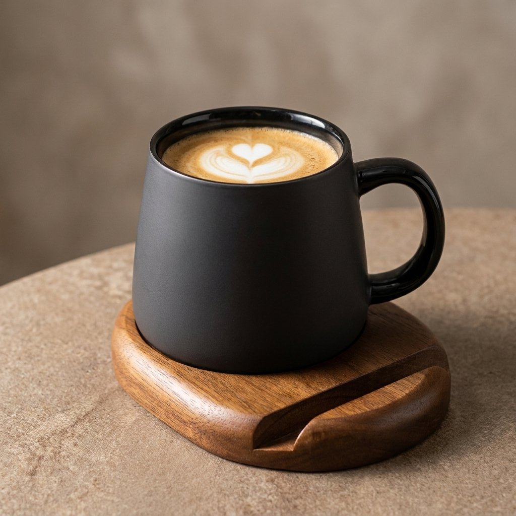 Charcoal Ceramic Mug Set with Spoon and Wood Coaster