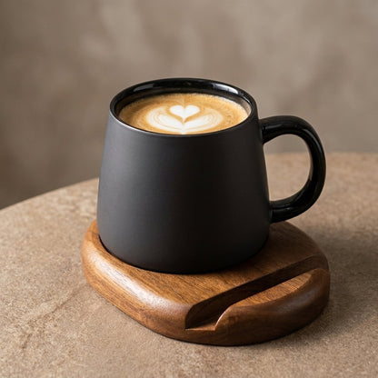 Charcoal Ceramic Mug Set with Spoon and Wood Coaster