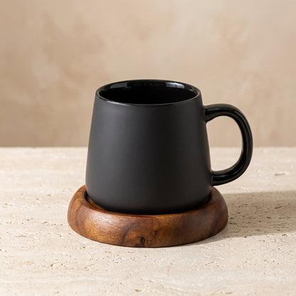 Charcoal Ceramic Mug Set with Spoon and Wood Coaster