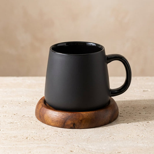 Charcoal Ceramic Mug Set with Spoon and Wood Coaster