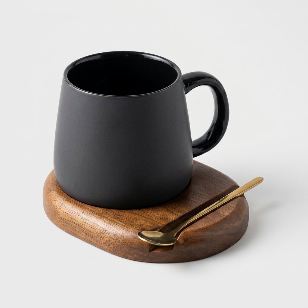Charcoal Ceramic Mug Set with Spoon and Wood Coaster