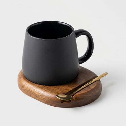 Charcoal Ceramic Mug Set with Spoon and Wood Coaster