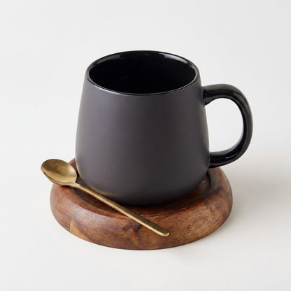 Charcoal Ceramic Mug Set with Spoon and Wood Coaster