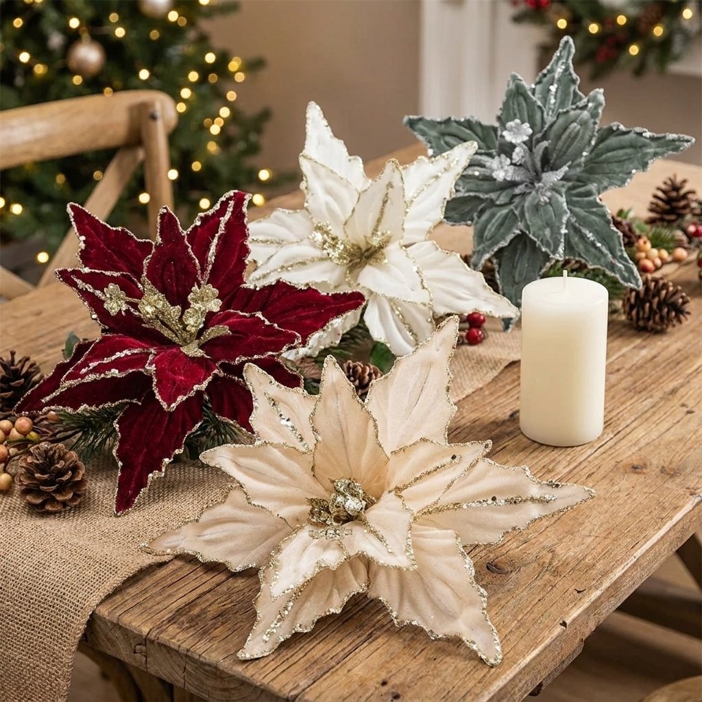 Red, white, champagne and green poinsettia flowers on a rustic table with burlap runner