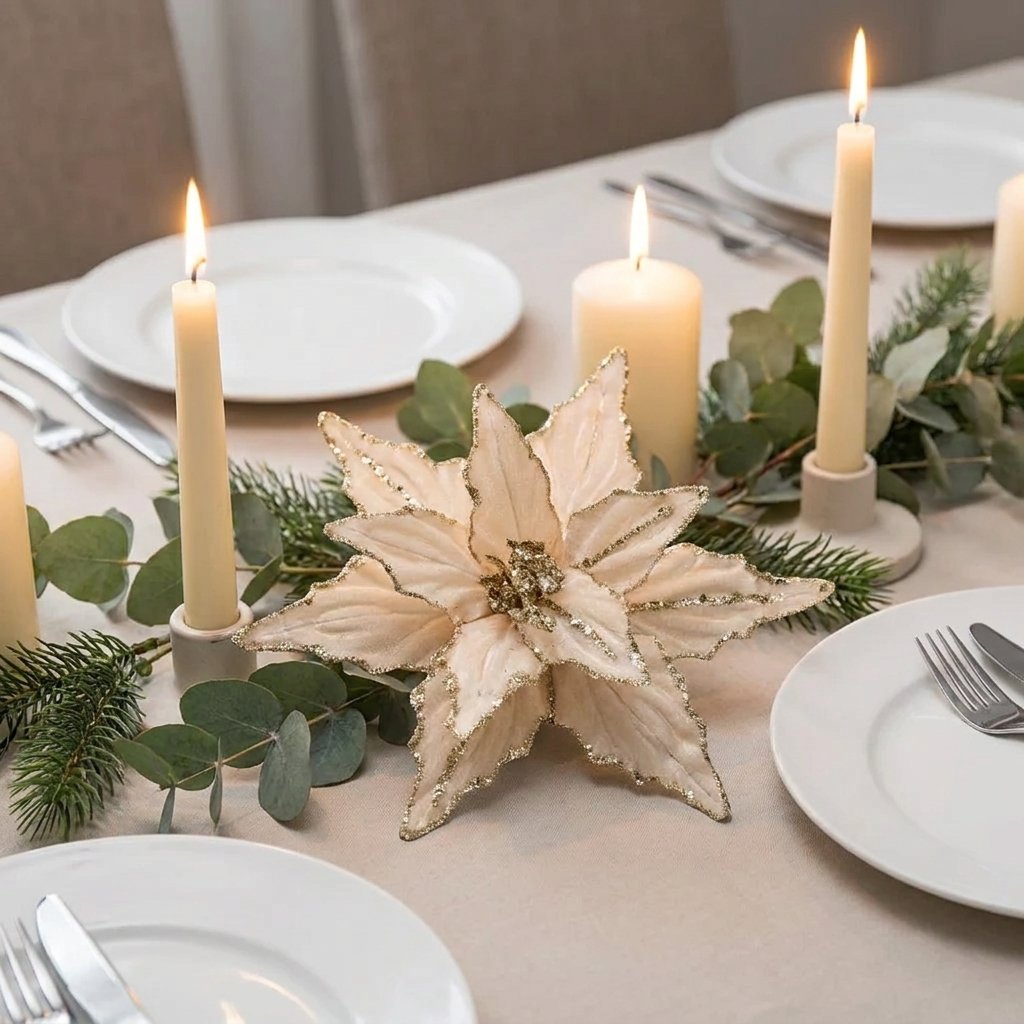 Champagne poinsettia flower centerpiece on a dinner table with candles and eucalyptus