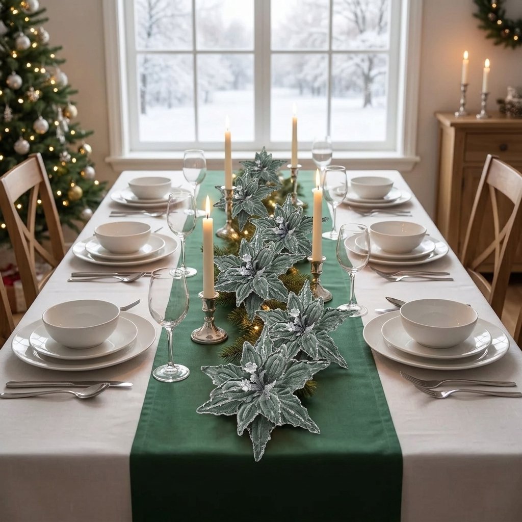 Green poinsettia flowers arranged along a green runner on a set dining table