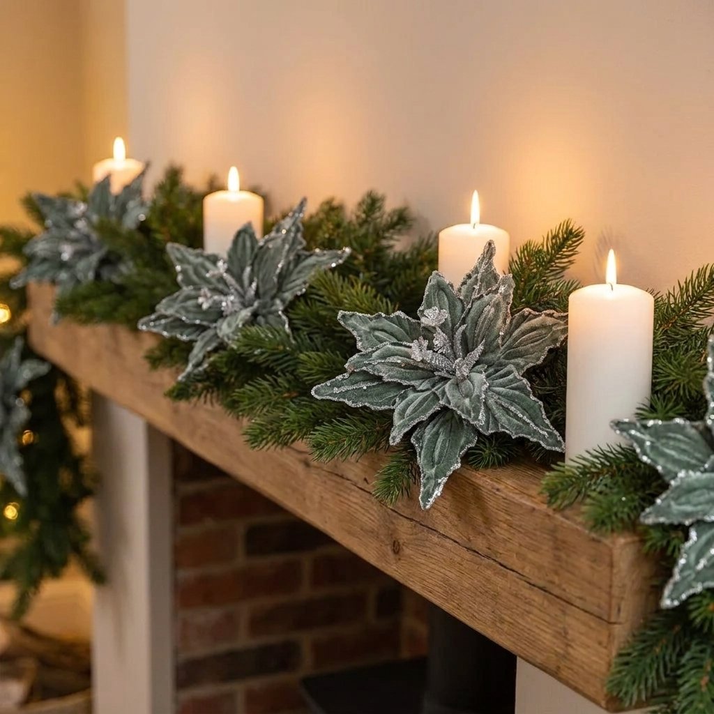 Green glitter poinsettia flowers in a pine garland on a mantel with lit candles