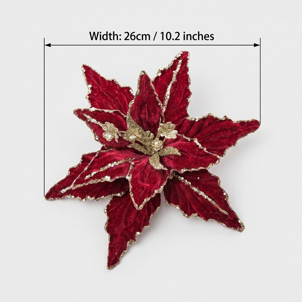 Red poinsettia flower on white background with width measurement: 26 cm / 10.2 inches