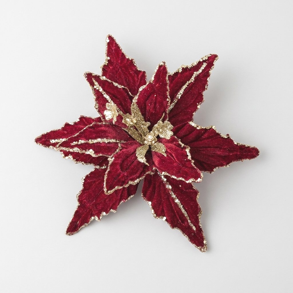Red velvet poinsettia flower with gold glitter edges on a white background