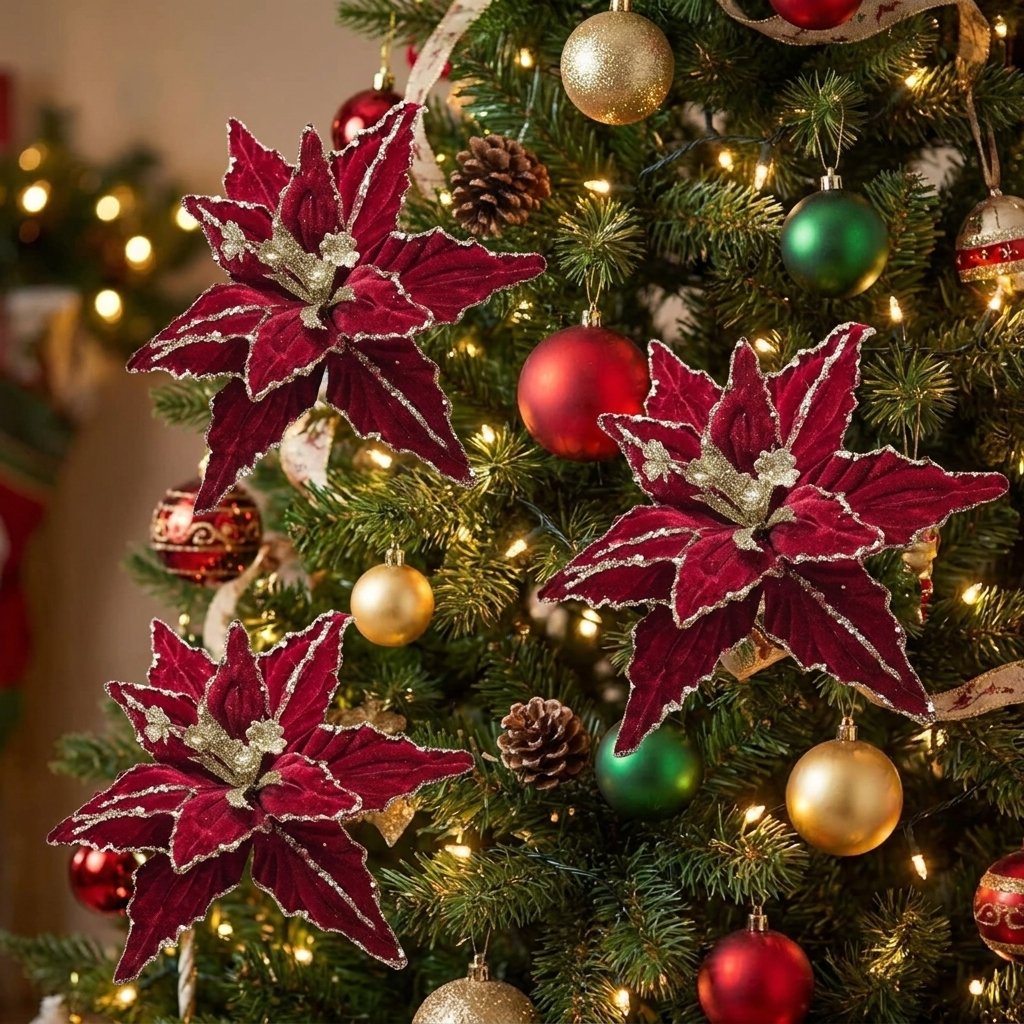 Red poinsettia flowers with gold glitter edges clipped onto a lit Christmas tree