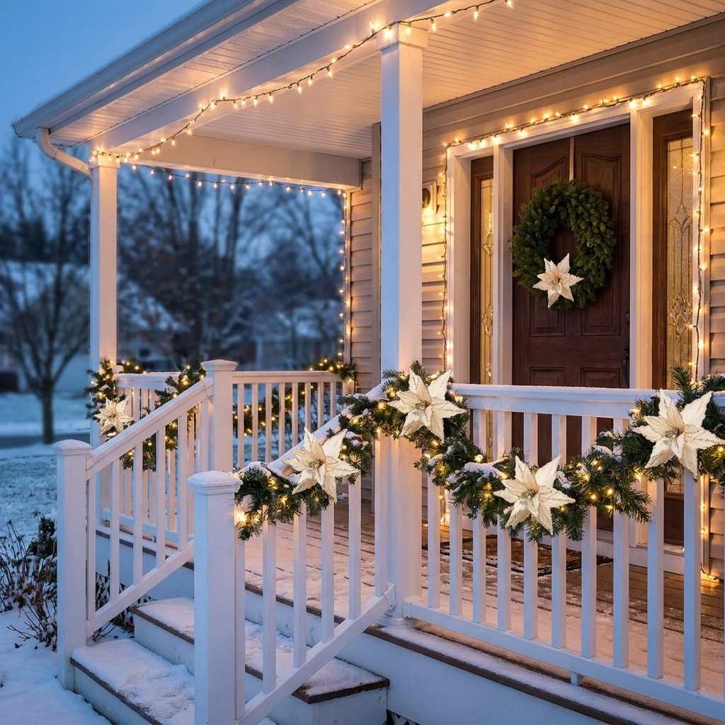 White poinsettia flowers woven into a lit garland on a porch railing at dusk