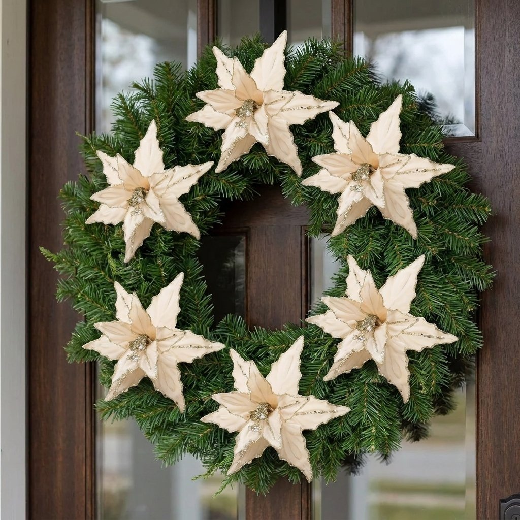 Cream-toned poinsettia flowers on a fresh pine wreath hanging on a front door