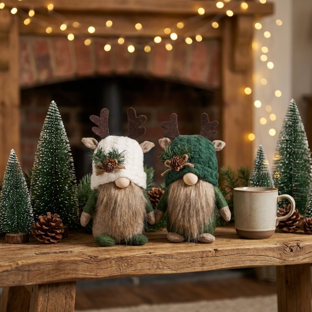 White and green hat gnomes together on mantel with mini trees