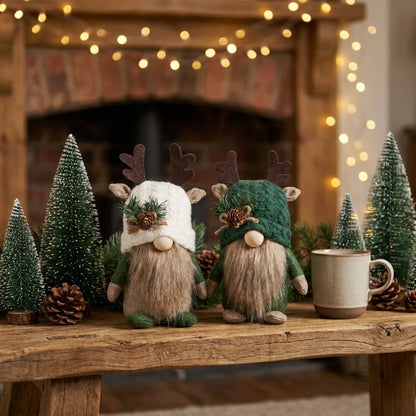 White and green hat gnomes together on mantel with mini trees