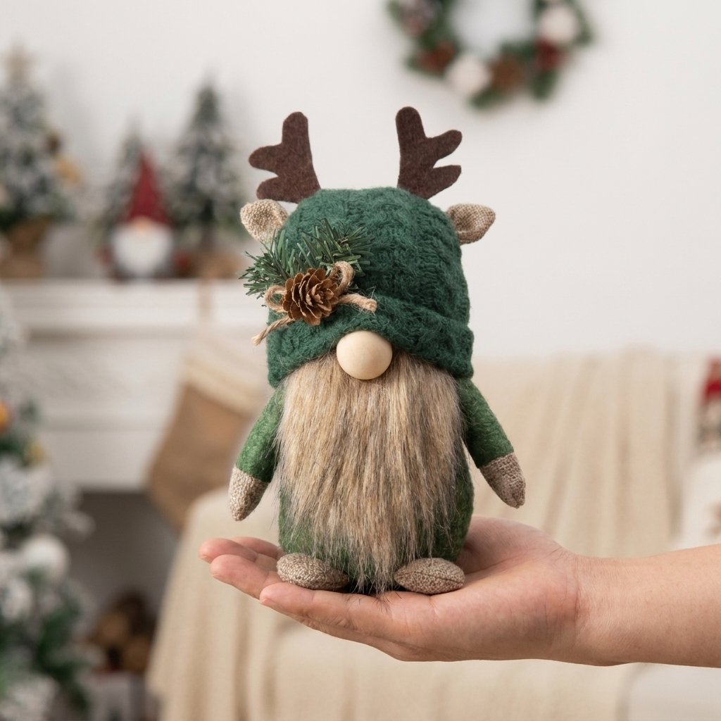 Green hat gnome held in hand in front of fireplace mantel