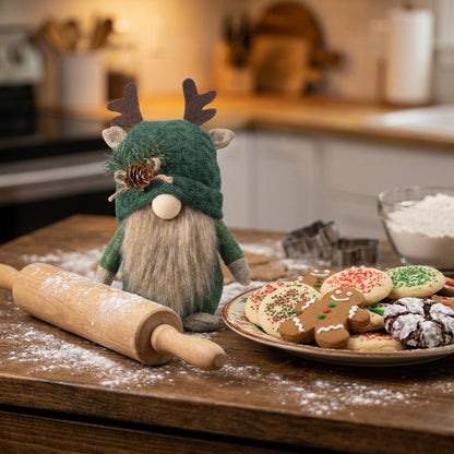 Green hat gnome in kitchen scene with rolling pin and decorated cookies
