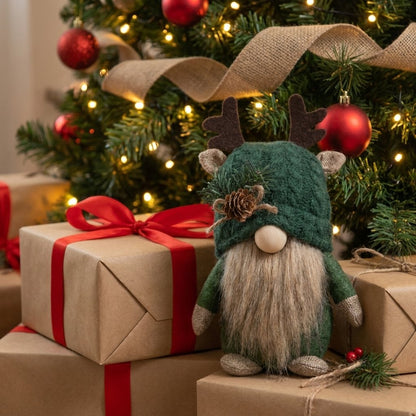Green hat gnome by Christmas tree with red ribbon-wrapped gifts