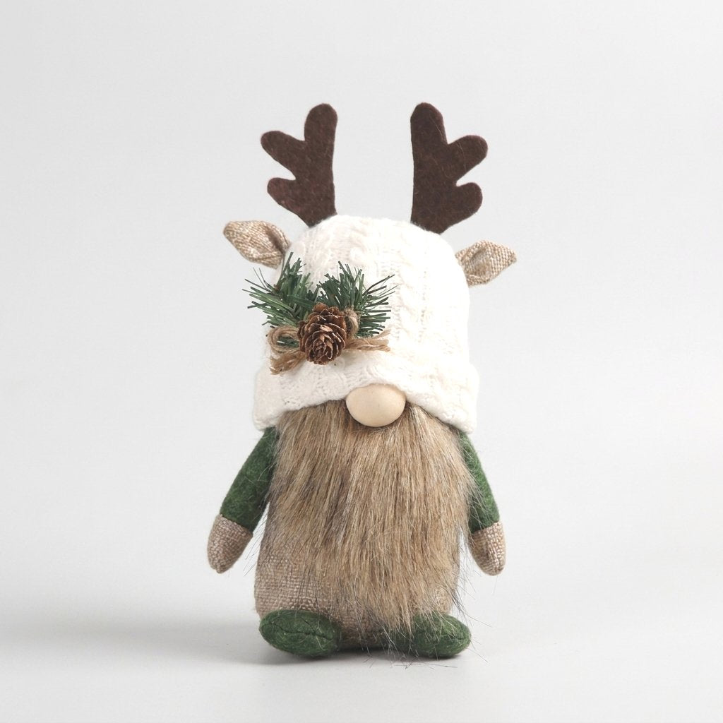Christmas gnome with white knit hat, felt antlers, and pinecone accent
