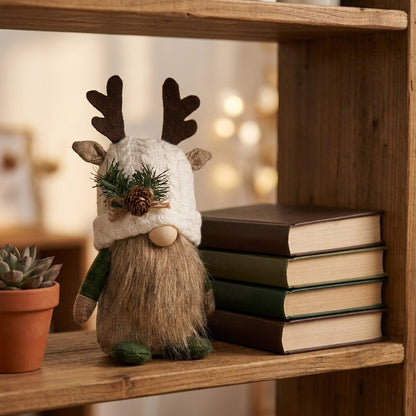 White hat gnome on bookshelf beside stacked books and succulent
