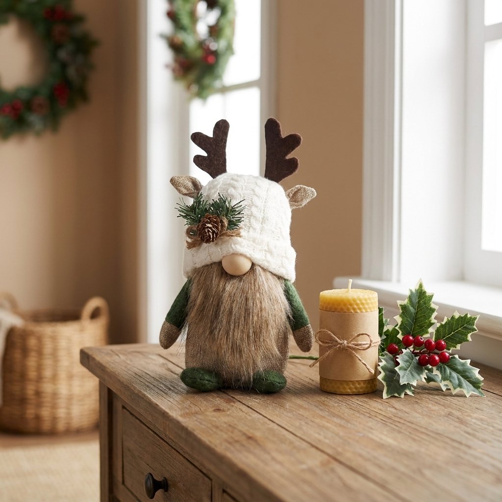 White hat gnome on entryway table beside candle and holly sprig