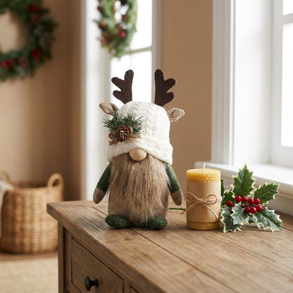 White hat gnome on entryway table beside candle and holly sprig