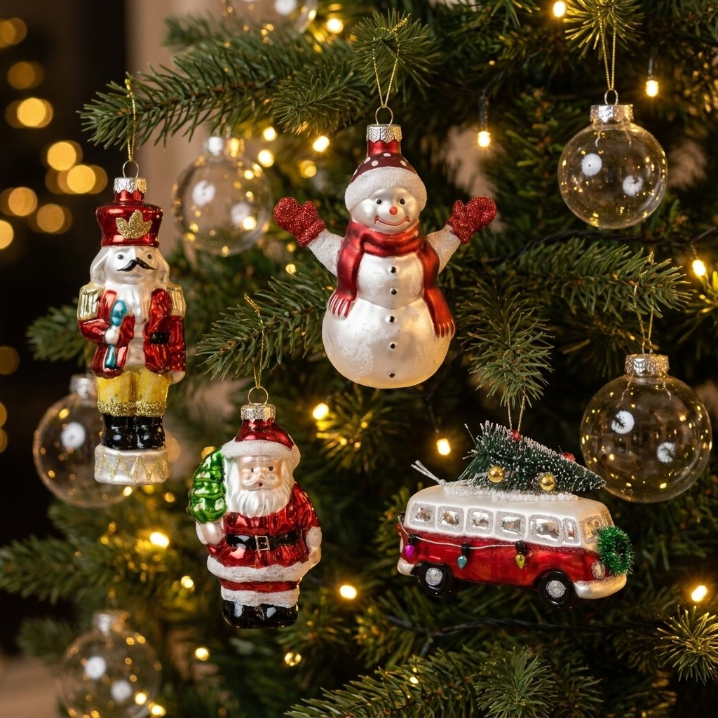 Nutcracker, snowman, Santa, and bus ornaments hanging on a Christmas tree