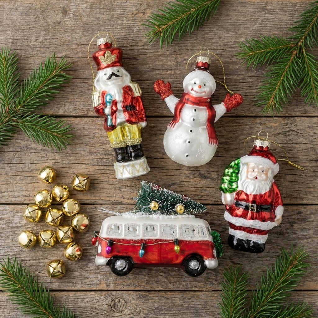 Nutcracker, snowman, Santa, and bus ornaments flat-laid on wood table