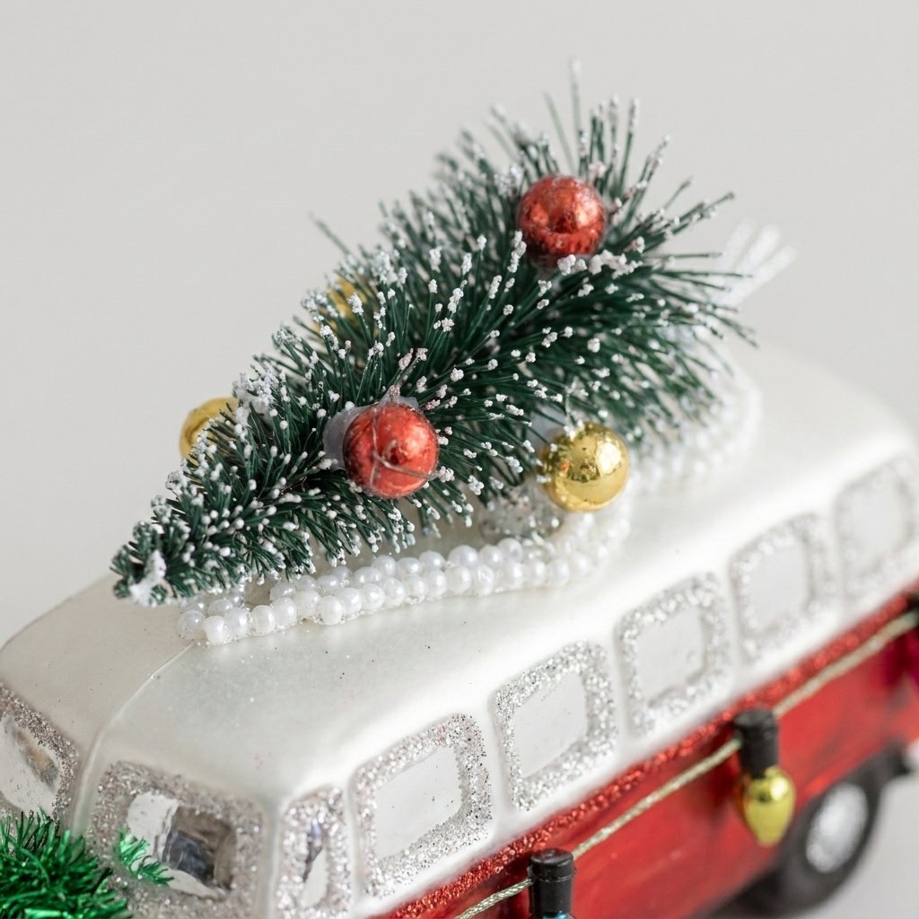 Close-up of glass bus ornament roof with mini tree and ornaments