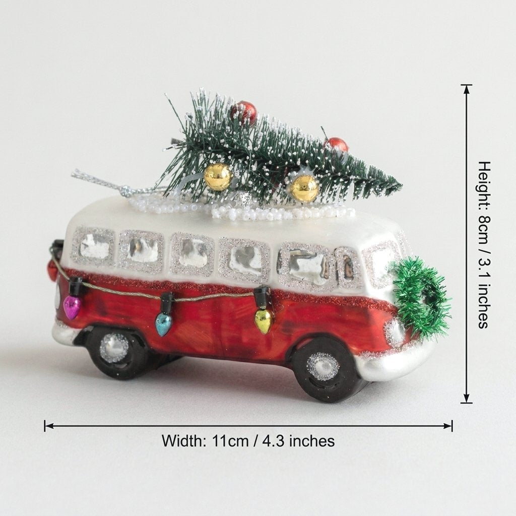 Bus ornament dimensions: 8cm (3.1 in) tall, 11cm (4.3 in) wide