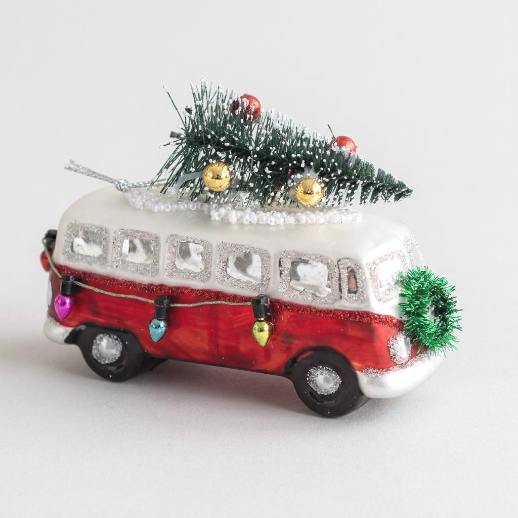 Hand-painted glass Christmas bus ornament with mini tree on roof