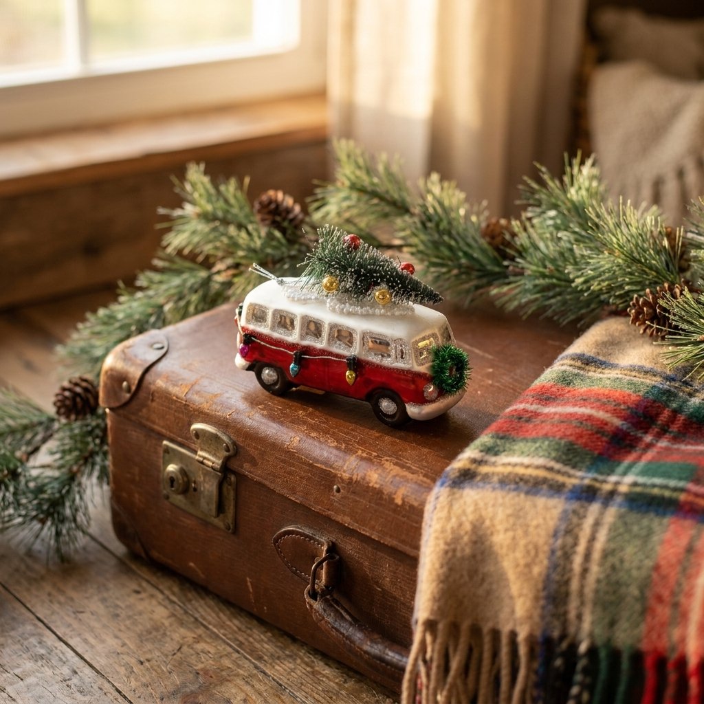 Glass bus ornament with mini tree on top, on a vintage suitcase