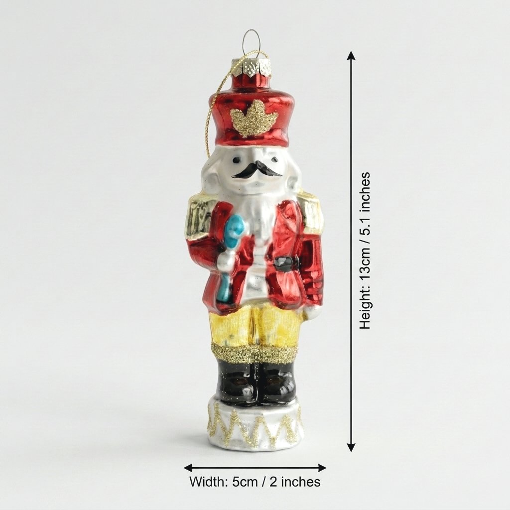 Nutcracker ornament dimensions: 13cm (5.1 in) tall, 5cm (2 in) wide