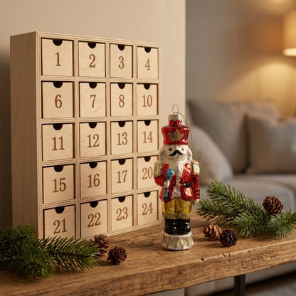 Nutcracker ornament displayed next to a wooden advent calendar