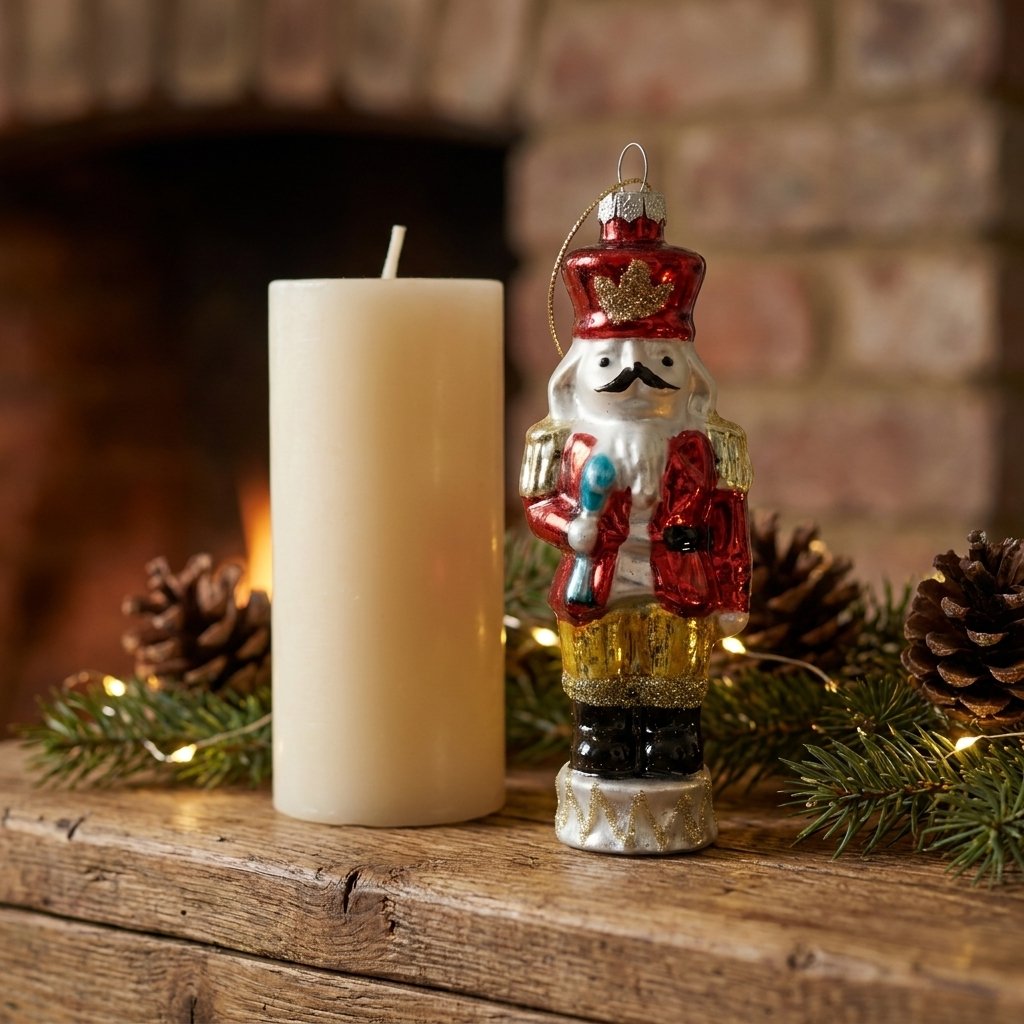 Nutcracker ornament on fireplace mantel beside a candle and pinecones