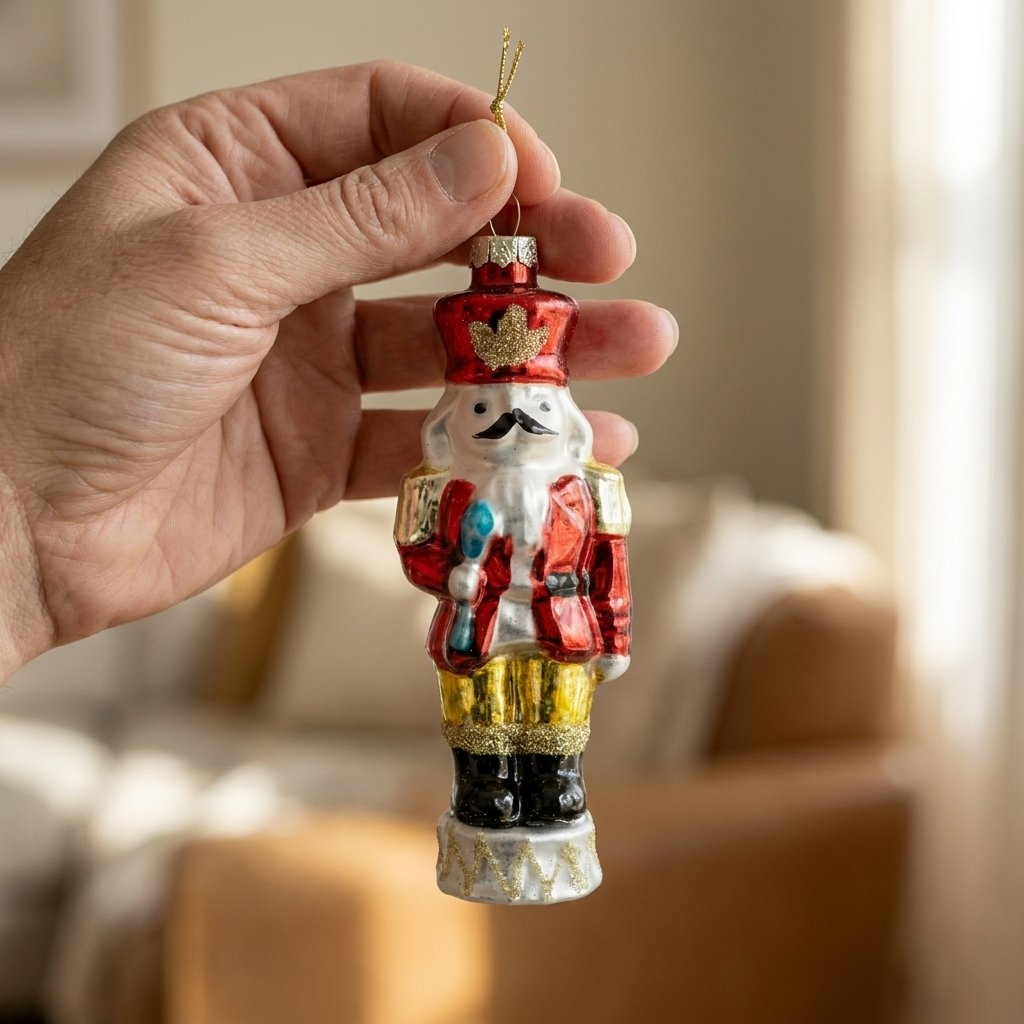 Nutcracker ornament held in hand to show its actual size