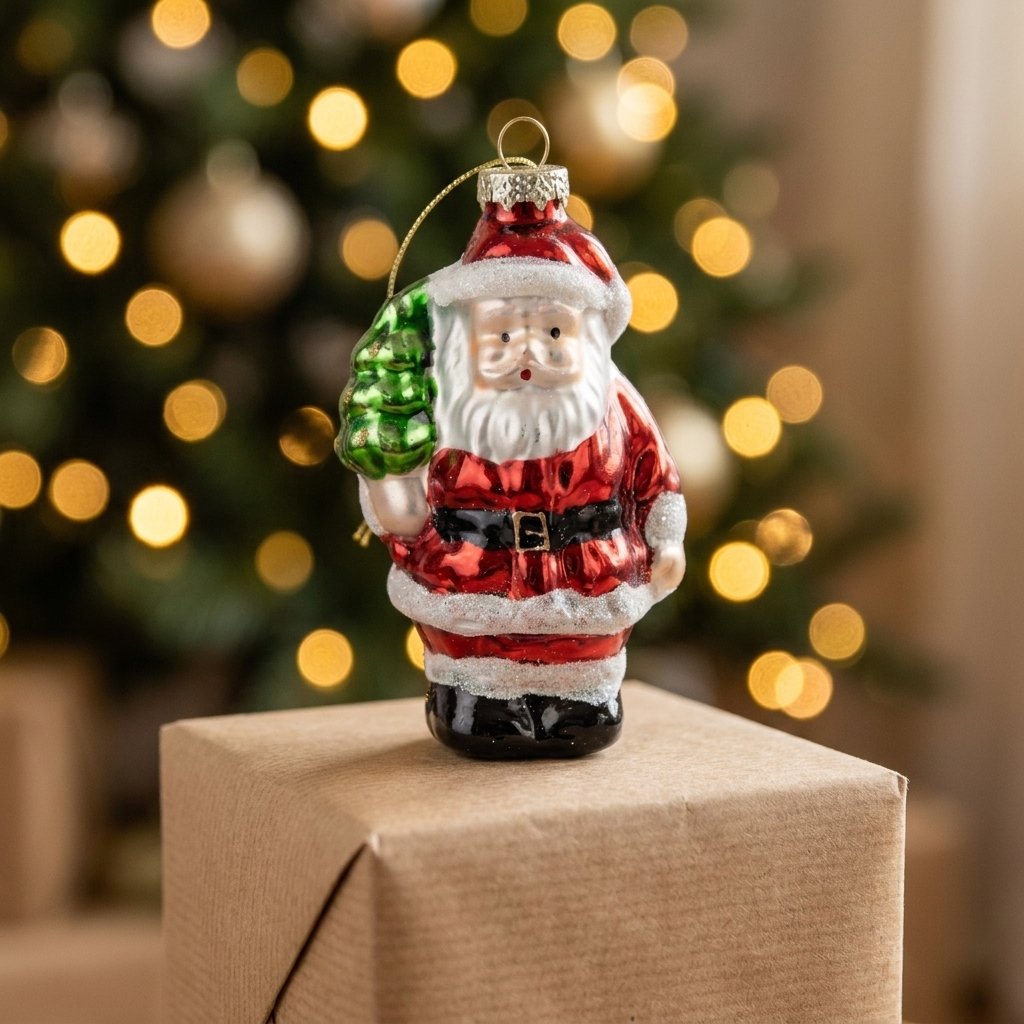 Santa ornament standing on a gift box with bokeh tree lights behind