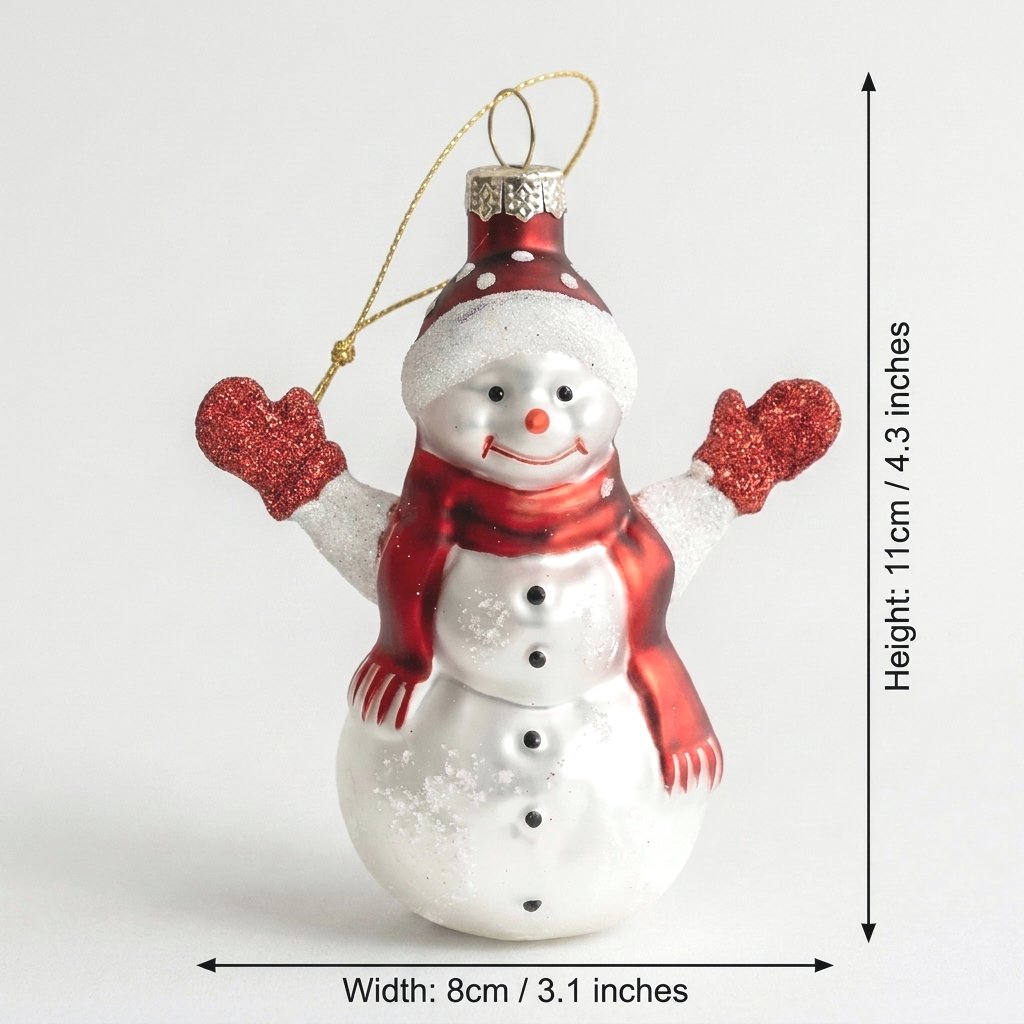 Snowman ornament dimensions: 11cm (4.3 in) tall, 8cm (3.1 in) wide