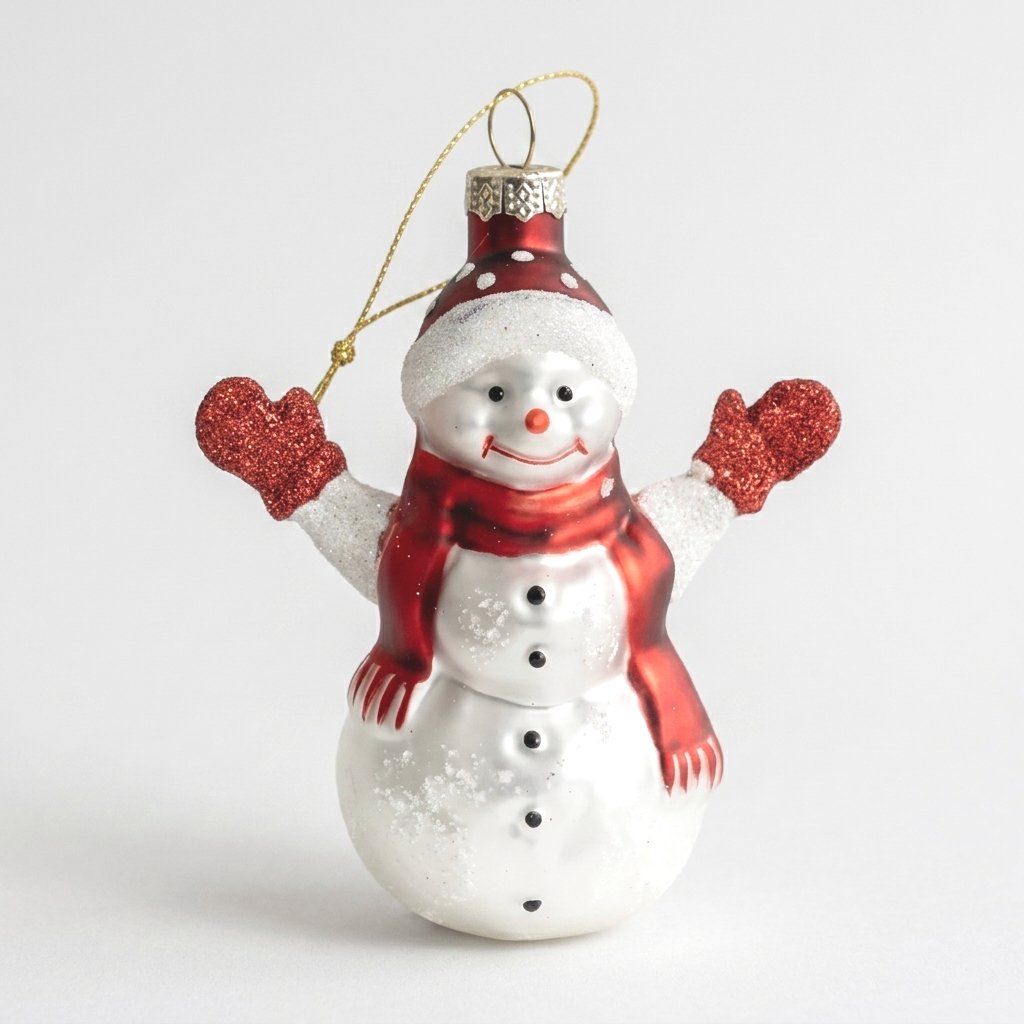 Hand-painted glass snowman ornament with red scarf and mittens